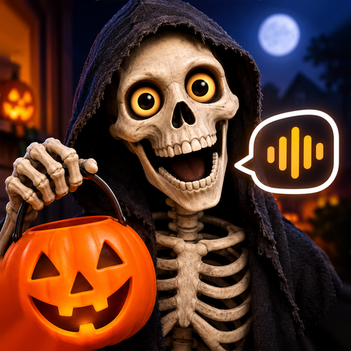 Mr. Skully Bones holding a jack-o'-lantern under a full moon